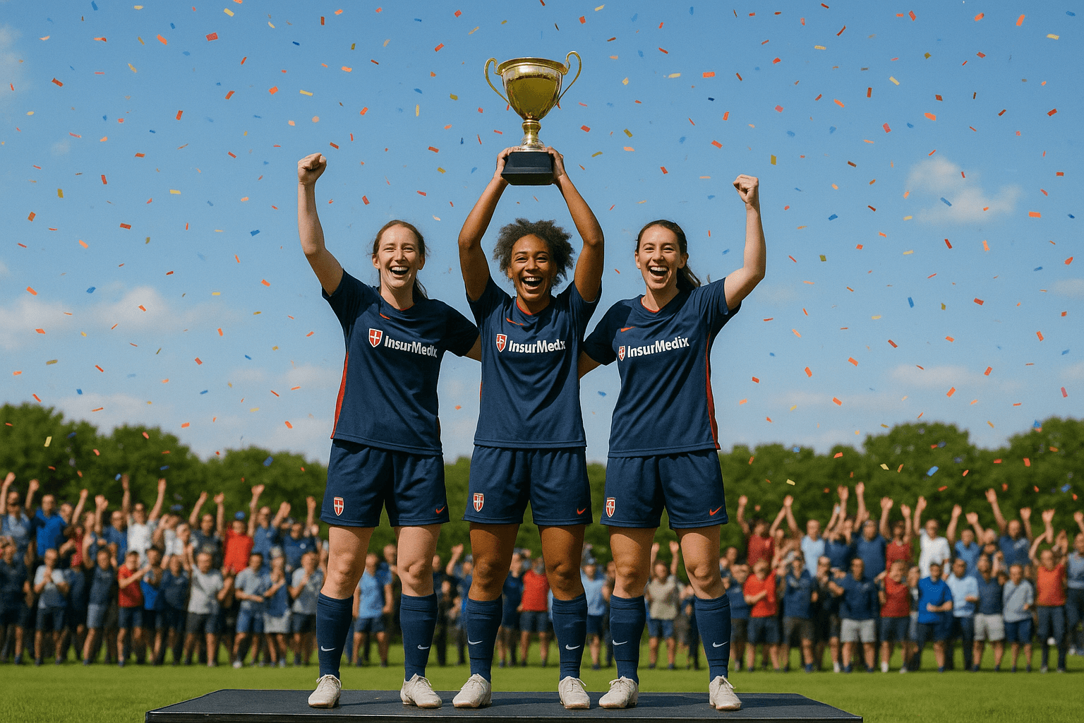 Youth athletes celebrating with trophy